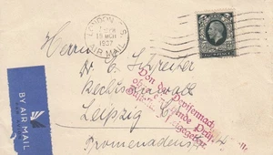 1937 Airmail Cover London to Leipzig  – 4d Black King GV with Red Censor cachet - Picture 1 of 2
