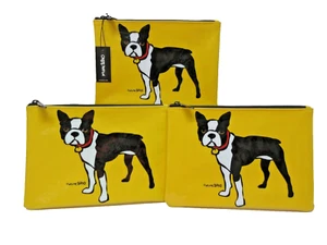 3x MARC TETRO Boston Terrier Dog Yellow Zipper Pouches Large 7x10” Cosmetic Bags - Picture 1 of 10