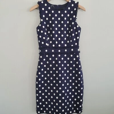 J Crew Dress Womens Size 0 Tweed Fringe Blue White Polka Dot Sheath - Image 1 of 4