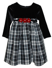 Girl&#39;s Sophie Rose Holiday Christmas Black &amp; White Plaid Dess w/Red Flowers Sz 3