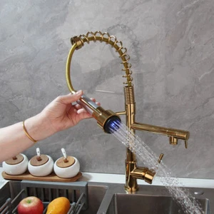 LED Gold Kitchen Faucet Sink Pull Down 360°Swivel Mixer Taps Brass Deck Mount - Picture 1 of 10