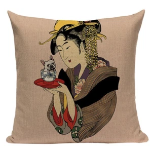 Geisha Teacup Pug JP21 Cushion Pillow Cover Boston Terrier Woman Asian Japanese - Picture 1 of 5