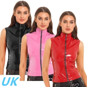 AU Women's PVC Leather Tank Tops Zipper Vest Sleeveless Stand Collar Crop Top - Picture 1 of 48