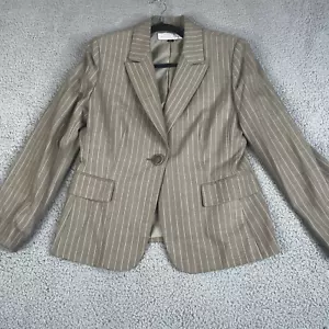 Tahari Petites Blazer Jacket Women 12P Brown Stripe Wool Blend One Button Career - Picture 1 of 17