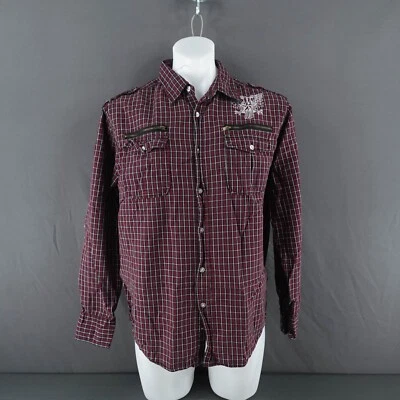 Point Zero Mens Button Shirt L Red Plaid Zip Pockets Grunge Western Y2K Style - Image 1 of 4