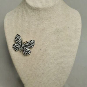 Rhinestone Butterfly Brooch Clear Stones Over Black Accent On Silver Tone Metal - Picture 1 of 6