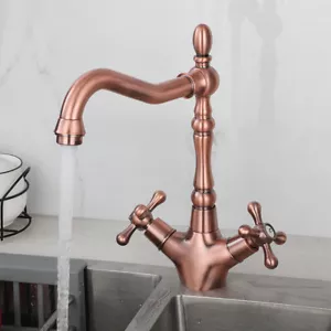 Bathroom Antique Copper Vanity Basin Mixer Swivel Spout Double Handles Mixer Tap - Picture 1 of 14