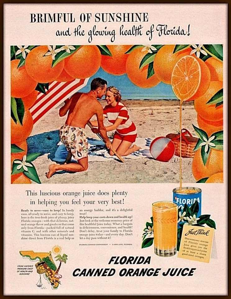 PELOTA DE PICNIC PLAYA JUGO DE NARANJA ENLATADO FLORIDA 1949 D.  Foto 1 de 1
