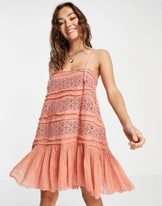 Free People Shailee Slip Mini Dress Womens XS Ruffle Crochet Lace Copper Rose - Picture 1 of 9