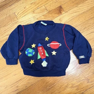 Vintage Joggles Space Rocket Sweatshirt Kinder 4 Navy Applikation Sterne Rundhals 90er - Bild 1 von 8