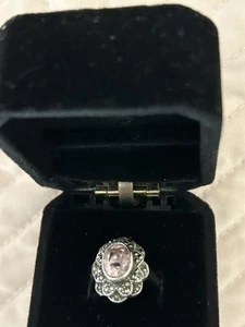 Faceted Pink Quartz and Marcasite Antiqued Sterling Silver Ring Size 6.5 - Picture 1 of 5