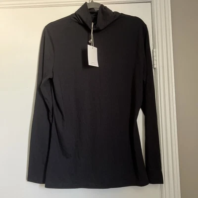 Garnet Hill L 码女式高领上衣有机棉混纺黑色全新带标签 — 第 1/4 张图片