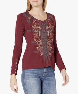 Johnny Was Zaret Long Button-Sleeve Embroidered Front Tee Red Women’s size 2X - Picture 1 of 9