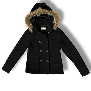 Vintage Y2K Delias dELiA*s schwarze Jacke mit Fellbesatz und Kapuze Erbsenmantel Small - Bild 1 von 7