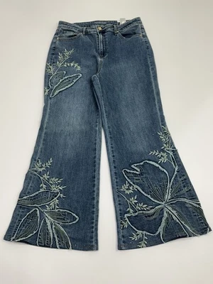 Pantalones de mezclilla para mujer Chicos con apliques decorados talla 14 tiro alto acampanados florales Foto 1 de 4
