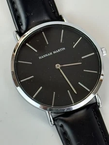 NEW Hannah Martin Brand Quartz Wrist Watch Silver Black Leather Men - Picture 1 of 3