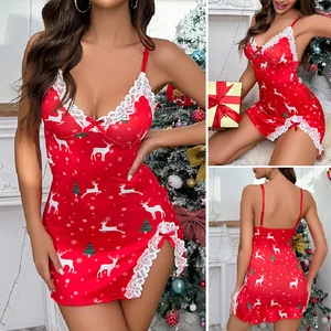 Women Sexy Lingerie Silk Lace Chemise Babydoll Santa Christmas Roleplay Costumes - Picture 1 of 19