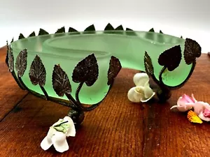 RARE Bagley Art Nouveau Green Frosted Glass Dish In Silver Metal Leaves Case - Picture 1 of 7