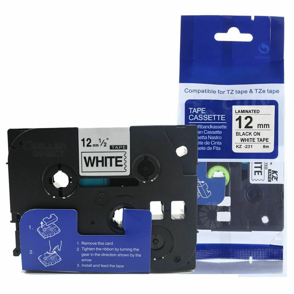 PRESTIGECARTRIDGE Lot Label Tape fits TZ-231 P-Touch Black On White 12mm x 8m TZe-231