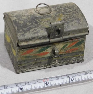 Antique tole hand painted box jewelry tin trinket ditty 1844 red green ring top - Picture 1 of 8