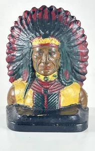 Antique Cast Iron Hand Painted Native American Indian Chief Door Stop Cigar Shop - Picture 1 of 6