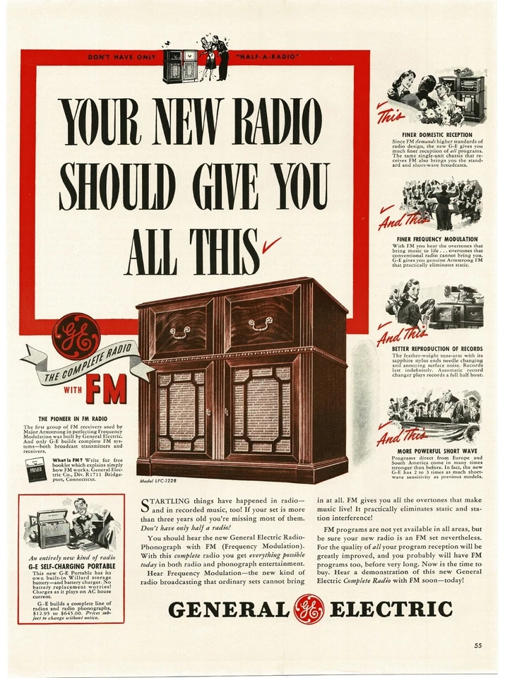 1941 G-E General Electric floor Radio Phonograph Model LFC-1228  w FM Vintage Ad - Image 1 of 1