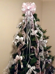 PINK & WHITE CHRISTMAS TREE TOPPER DECORATION BOW LONG 2mt TAILS WIRED HANDMADE - Picture 1 of 7