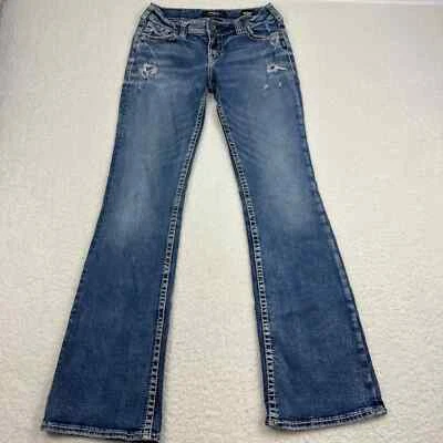 Silver Jeans Suki Mid Boot 28X32 Super Stretch Bootcut Embroidered Distressed - Image 1 of 4