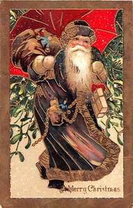 c.1910 Brown Robe Santa with Bag of Toys & Umbrella Christmas post card - Picture 1 of 2