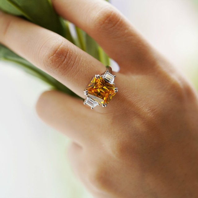 Delicate Rectangle Shape Citrine Stone Sterling Silver Ring, r520