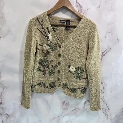 Suéter Vintage Pájaro Mujer Medio Tostado Lana Cárdigan Madera Botón Chickadee Foto 1 de 4