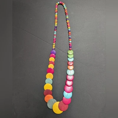 Multicolor Artisan Rainbow Wooden Bead Bohemian Whimsy Long Pull Over Necklace - Image 1 of 3