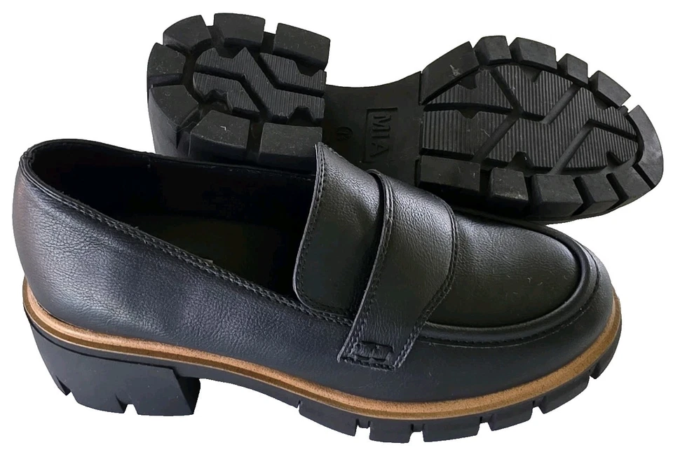 Mocasines de plataforma negros MIA Robbin suela gruesa tacón bloque WM's talla 7,5 usados en excelente estado Foto 1 de 4