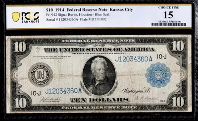 $10 1914 FRN Fr. 942 Blue Seal Kansas City Attractive No Comment PCGS Ch Fine 15 - Image 1 of 2