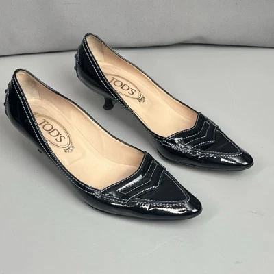 Zapatos de salón TODS para mujer de charol negro FIFTY CENTURY tacón de gatito talla 7,5 Foto 1 de 4