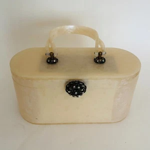 Vintage Wilardy Lucite Box Purse Pearlescent Ivory with Rhinestone Accents - Picture 1 of 15