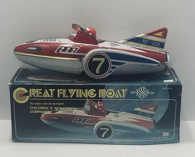 MF-742 Gran bote volador nave espacial 13" juguete de hojalata de fricción 80 raro con caja funciona Foto 1 de 4