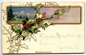 Postkarte ungeteilte Rückseite Stechpalme Weihnachtskarte Anfang 1900 Dennison Mfg Co - Bild 1 von 2