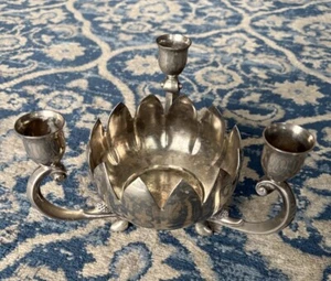 Vintage Silver Plate Lotus Flower Bowl w/ 3 Tapered Candle Holders Footed - Picture 1 of 2