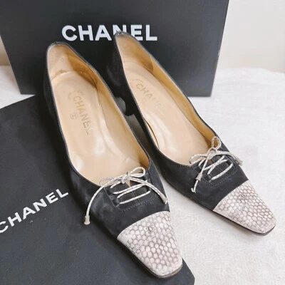 Chanel Suede Kitten Heel Pumps Snakeskin Cap Toe CC Logo Lace Up 37.5 - Image 1 of 4