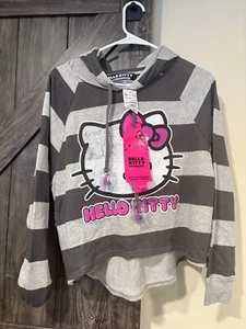Hello Kitty Hoodiebuddie W/ Ear Buds Womens Lg Hoodie Grey Pink Stripes NWT - Picture 1 of 11