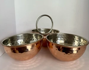 Vintage Hammered Copper Three Serving Bowls Metal Lined Handle Collectible Decor - Picture 1 of 11