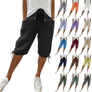 Womens Summer Cotton Linen Baggy Shorts Ladies Comfy Casual Knee Length Pants - Picture 1 of 61
