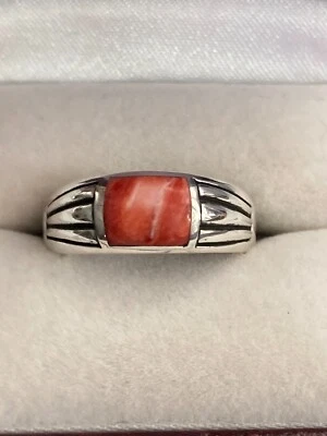 .925 Sterling Spiny Oyster (?) or Sardonyx (?)  Bezel Set Band Ring Size 7.75 - Image 1 of 4