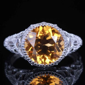 Antique Style Citrine Diamonds Wedding Fine Ring 14k White Gold Gemstone Jewelry - Picture 1 of 6