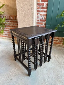SET 4 Antique French Drop Leaf Nesting TABLE BARLEY TWIST Folding End Carved Oak - Picture 1 of 20
