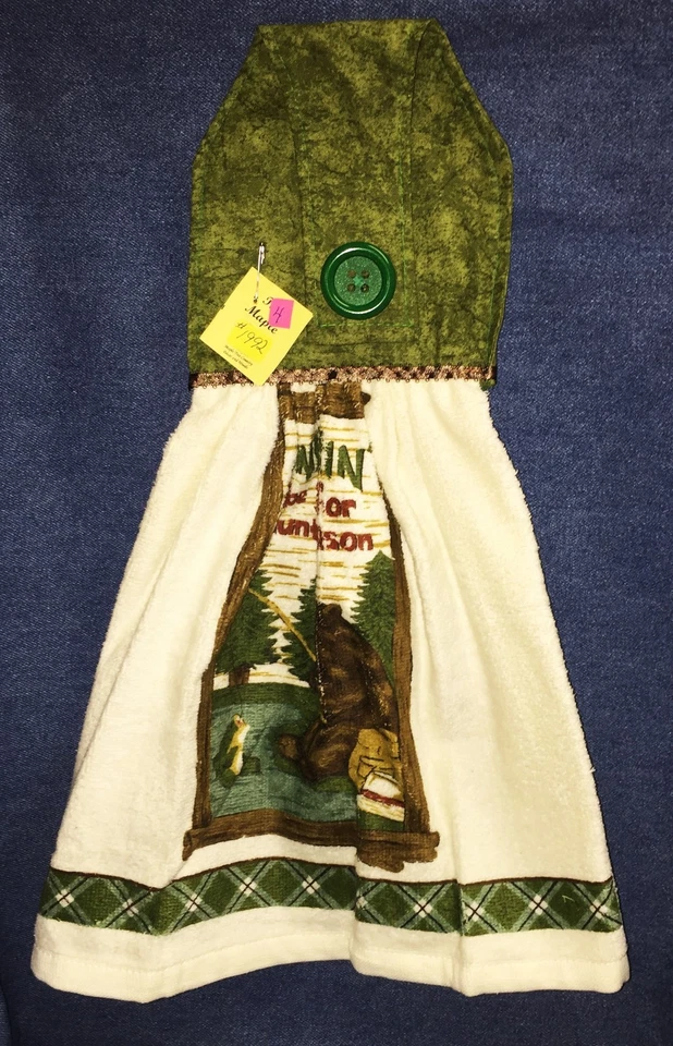"HANDMADE" NEW Handmade North Woods Lodge Fishing Hunting Hanging Kitchen Hand Towel #1992