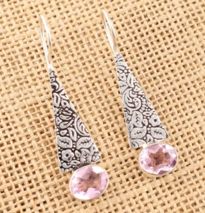 Natural Morganite Gemstone 925 Sterling Silver Jewelry Pink Dangle Earrings BX - Picture 1 of 8