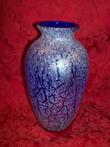 Dichroic Cobalt Blue Art Glass Vase Handblown Metallic Crackle Vintage - Picture 1 of 3