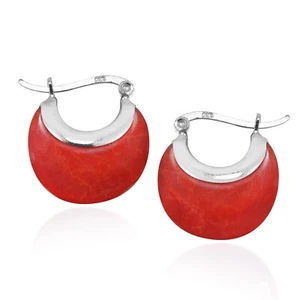 Chic and Sleek Red Simulated Coral Crescent Moon Sterling Silver Huggie Earrings - Picture 1 of 5